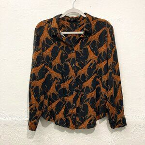 Jane + Delancey Giraffe Printer Long Sleeve Button Down Top Brown black Size L